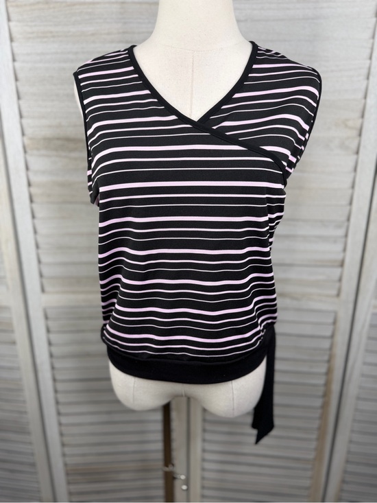 zinc Tops - ZN Striped Crossover Front Tank Top with Side Tie Black/Pink-Medium